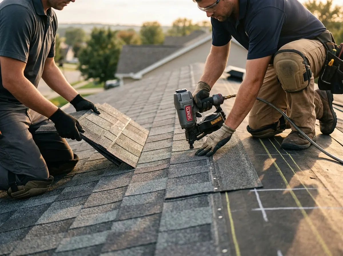 Professional roofer working on a residential roof in Dunn Loring